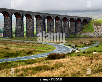 Bögen der Ribblead Viadukt schreiten über das Tal an einem bewölkten Tag im ribblehead Yorkshire Dales England Stockfoto