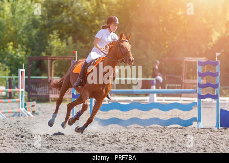 Junge Reiterin Mädchen Galopp auf ihrem Kurs in Reitturnier Stockfoto