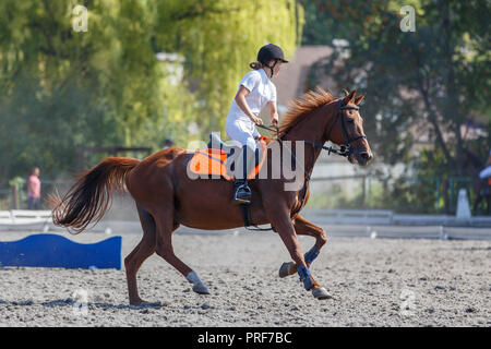 Junge Reiterin Mädchen Galopp auf ihrem Kurs in Reitturnier Stockfoto