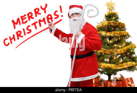 Santa Claus, Aufschrift frohe Weihnachten und Grüner Baum auf einem weißen Hintergrund, isoliert Stockfoto