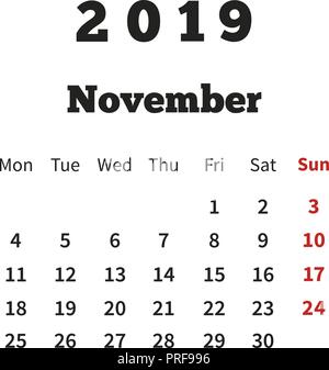 Einfacher Kalender November 2019 Jahr mit Woche ab Montag isoliert auf weißem Stock Vektor