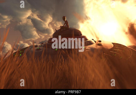 Ein Alien auf dem UFO Saucer, Absturz auf Grünland, 3D-Illustration Konzept Hintergrund Stockfoto