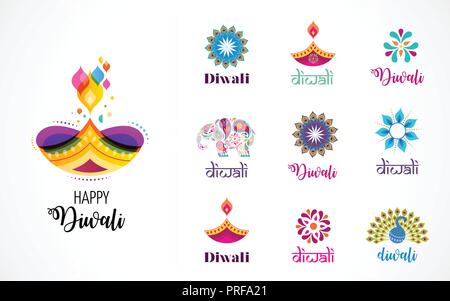 Happy Diwali Hindu festival Symbole, Elemente, Logo. Brennende diya Abbildung, Licht Festival von Indien Stock Vektor