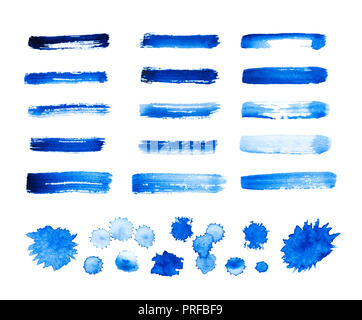 Set blau abstrakte Aquarell Anschläge und Flecken auf weißem Hintergrund Stockfoto