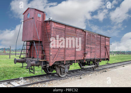 Ehemalige Vieh Modellbahn-waggon für das jüdische Volk Transport zu Konzentrations- und Vernichtungslager während des Zweiten Weltkriegs verwendet. Auf Anzeige in Aus Stockfoto