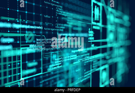 Komplexe futuristische Programmiercode und großen Datenverbindungen und Netzwerk Muster. 3D-Darstellung. Stockfoto