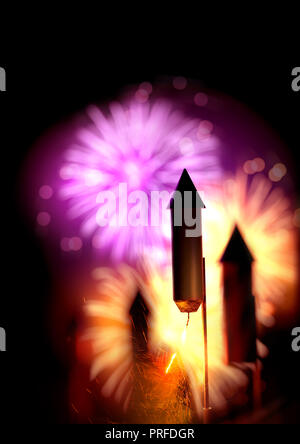 Schließen Sie herauf Bild von Feuerwerk Raketen mit Leuchten Sicherungen und einem großen Display im Hintergrund. Lagerfeuer nacht Hintergrund - 3D-Abbildung. Stockfoto