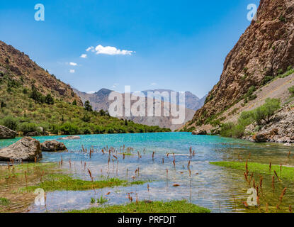 Kleine Alo Berg See mit türkisfarbenem Wasser auf rocky mountain Hintergrund. Die Fann Mountains, Tadschikistan, Zentralasien Stockfoto