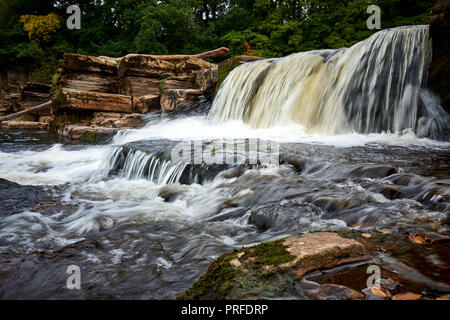 Wasser fließt über Richmond fällt entlang des Flusses Swale in Richmond, North Yorkshire UK. Stockfoto