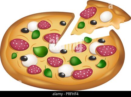 Vector Illustration. Geschnetzeltes italienische Pizza mit Salami und Mozzarella und Oliven, isoliert auf Weiss. Stock Vektor