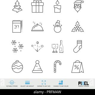 Frohe Weihnachten und guten Rutsch ins Neue Jahr Vector Zeile für Symbole gesetzt. Lineare Symbole, Piktogramme, Zeichen. Pixel Perfect Design. Editierbare Schlaganfall. Einstellung der Strichstärke. Erweitern Sie in jeder Größe. Änderung einer beliebigen Farbe. Stock Vektor