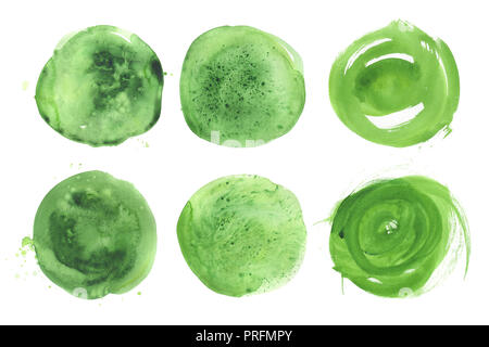 Satz von Hand gezeichnet Aquarell grüne Flecken. Sammlung Salat runde Flecken. Auf weissem Hintergrund. Nasse Textur, grobkörnigen Papier. Eine lebendige gesättigt Stockfoto