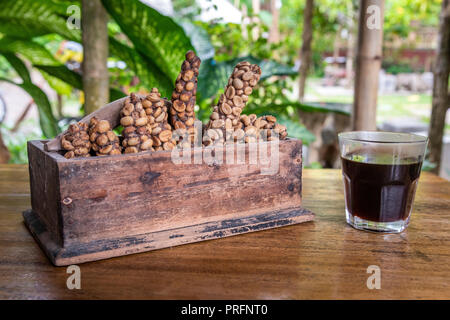 Glas Kopi Luwak Kaffee neben einem hölzernen Kasten mit einigen Kaffeekirschen Defecated von Palm civets in einem Bauernhof von Ijen Plateau, Java, Indonesien Stockfoto
