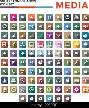 Medien Flachbild lange Schatten Icons Set isoliert Vector Illustration Stock Vektor