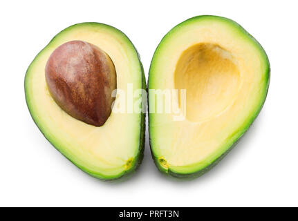 Single avocado Schnitt für zwei Hälften auf weißem Hintergrund Stockfoto