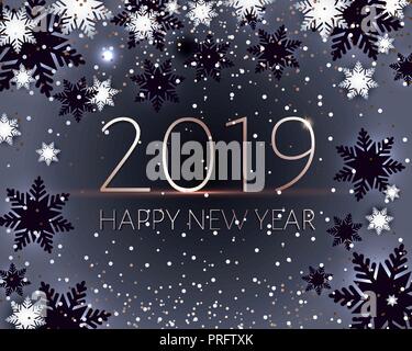 Schwarz Frohes Neues Jahr Banner. Golden Text 2019 Stock Vektor