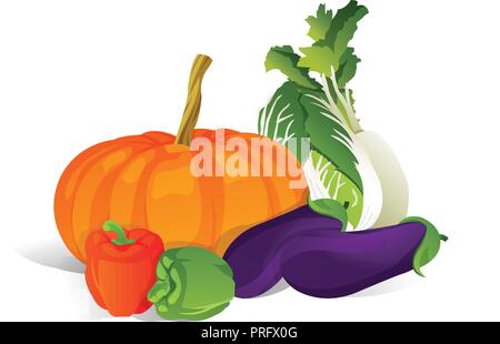 Bunte organisches Design Konzept. frisches Obst und Gemüse in realistischen Stil Vector Illustration Stock Vektor