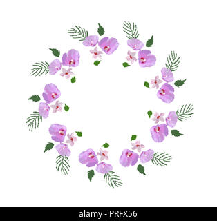 Floral Design Kranz, mit Hibiskus Blüten und Blätter Hand gezeichnet. Bunte vektor Illustration. Stockfoto