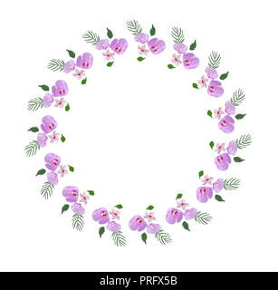 Floral Design Kranz, mit Hibiskus Blüten und Blätter Hand gezeichnet. Bunte vektor Illustration. Stockfoto