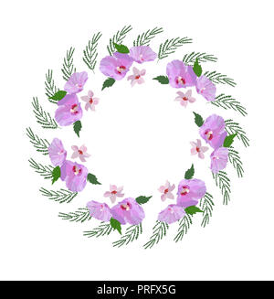 Floral Design Kranz, mit Hibiskus Blüten und Blätter Hand gezeichnet. Bunte vektor Illustration. Stockfoto