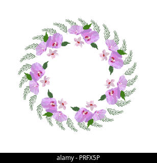 Floral Design Kranz, mit Hibiskus Blüten und Blätter Hand gezeichnet. Bunte vektor Illustration. Stockfoto