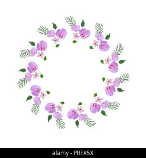 Floral Design Kranz, mit Hibiskus Blüten und Blätter Hand gezeichnet. Bunte vektor Illustration. Stockfoto