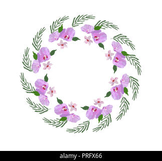 Floral Design Kranz, mit Hibiskus Blüten und Blätter Hand gezeichnet. Bunte vektor Illustration. Stockfoto