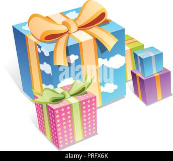 Reihe von bunten Geschenkboxen mit Schleifen und Bänder. Vektor-Illustration. Stock Vektor