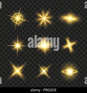 Gelb leuchten Sterne mit glitzert, funkelt Symbole gesetzt. Wirkung Twinkle, Blendung, scintillation Element unterzeichnen, Graphic auf. Transparentes Design Elemente ba Stock Vektor