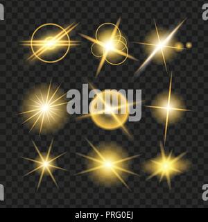 Gelb leuchten Sterne mit glitzert, funkelt Symbole gesetzt. Wirkung Twinkle, Blendung, scintillation Element unterzeichnen, Graphic auf. Transparentes Design Elemente ba Stock Vektor