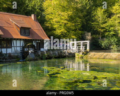 Historische Mühle am Brunnen "blautopf" in Blaubeuren, Deutschland Stockfoto