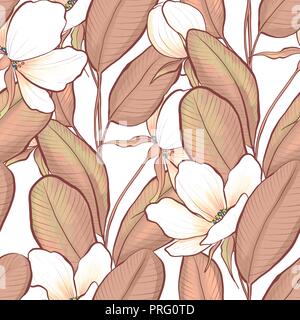 Florale nahtlose Muster. Weiße Blumen und braune Blätter Stockfoto