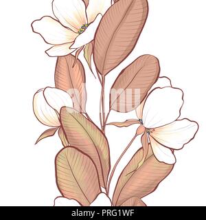 Florale nahtlose Muster. Weiße Blumen und braune Blätter. Grenze Stockfoto