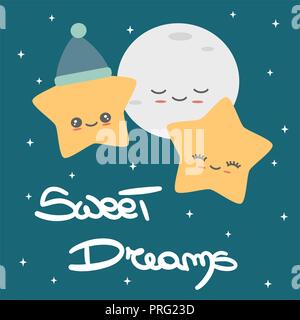 Süße Hand gezeichnet Schriftzug cartoon Sweet dreams Vektor Karte mit Mond und Sterne Stock Vektor