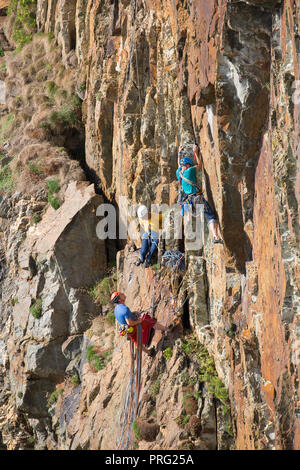 Portrait einfangen, drei Männer genießen Herausforderung der Extreme Sport: Abseilen und Klettern auf der Felswand an der South Stack Klippen, Anglesey, UK. Stockfoto