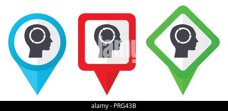 Quiz rote, blaue und grüne Vektor Zeiger Symbole. Set aus bunten Standortmarkierungen auf weißem Hintergrund leicht zu bearbeiten. Stock Vektor