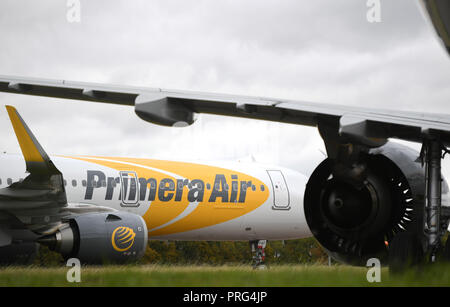 Ein Primera Flugzeug am Flughafen Stansted, der Dänischen Diskont Fluggesellschaft hat aufgehört, Operationen vor der Füllung für Bankrott und Passagiere haben gewarnt worden, nicht für Flüge zu drehen. Stockfoto