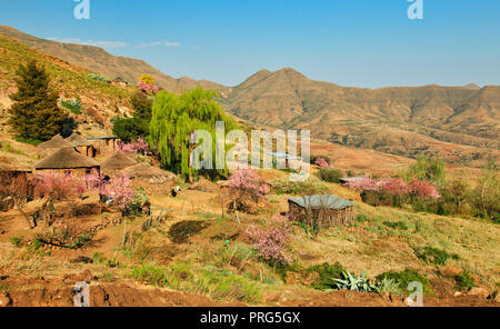 Hütten auf die hügelige Landschaft von Lesotho Stockfoto