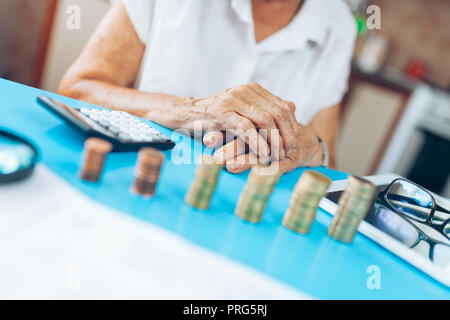 Ältere Frau zu Hause Kontrolle ihrer Finanzen und invenstments Stockfoto