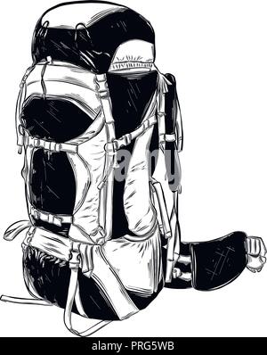 Hand gezeichnete Skizze von Camping Rucksack in schwarz auf weißem Hintergrund. Detaillierte Vintage Style Zeichnung. Vector Illustration Stock Vektor