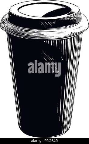 Hand gezeichnete Skizze von Einweg Becher in schwarz auf weißem Hintergrund. Detaillierte Vintage Style Zeichnung. Vector Illustration Stock Vektor