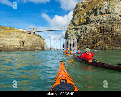 Kajakfahren auf dem Meer in Richtung South Stack auf der heiligen Insel Anglesey, Nordwales Stockfoto