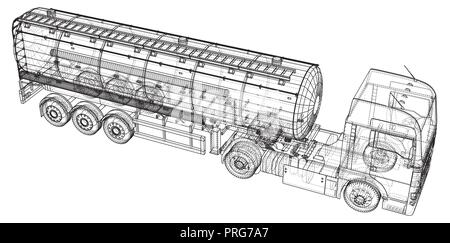 Benzin, Öl tanker Trailer, LKW auf der Autobahn. Automotive Fuel Tanker shipping Kraftstoff. Tracing Abbildung der 3d. EPS 10 Vektor Format auf weißem isoliert. Stock Vektor