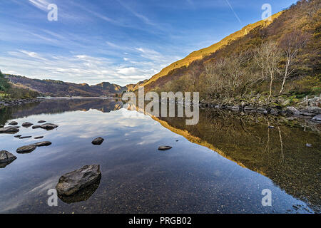 Reflexionen in Llyn Crafnant am Rand des Gwydir Forest, südwestlich mit dem Craig Wen Berg in der Nähe von Llanwrst Snowdonia North Wales UK Stockfoto