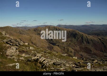 UK, Coniston Cumbria. Blick Richtung Wetherlam von Coniston Alter Mann in der Nähe des Coppermines Tal im englischen Lake District, Cumbria. Stockfoto