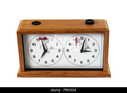 Holz- schachuhr auf weißem Hintergrund. Stockfoto