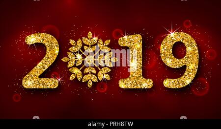 2019 Text, goldenen Glitzer Hintergrund für ein glückliches Neues Jahr Stock Vektor