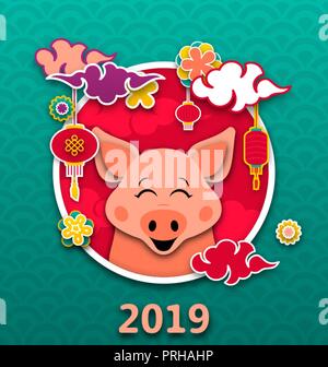 Gerne orientalische Karte für das chinesische Neujahr 2019, Cartoon Schwein, Laternen, Wolken Stock Vektor