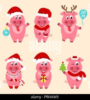 Weihnachten Cartoon Schweine Portrait in Santa s Hut und mit Kugel, Ballon, Geschenkbox Stock Vektor