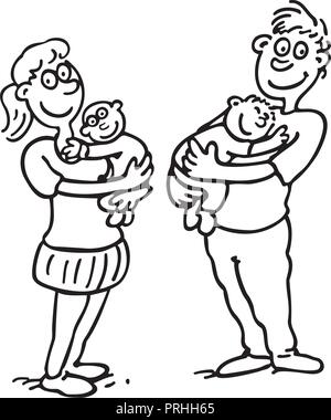 Mama, Papa, Baby halten. cartoon Zeichnung Skizze illustration Vektor beschrieben. Stock Vektor